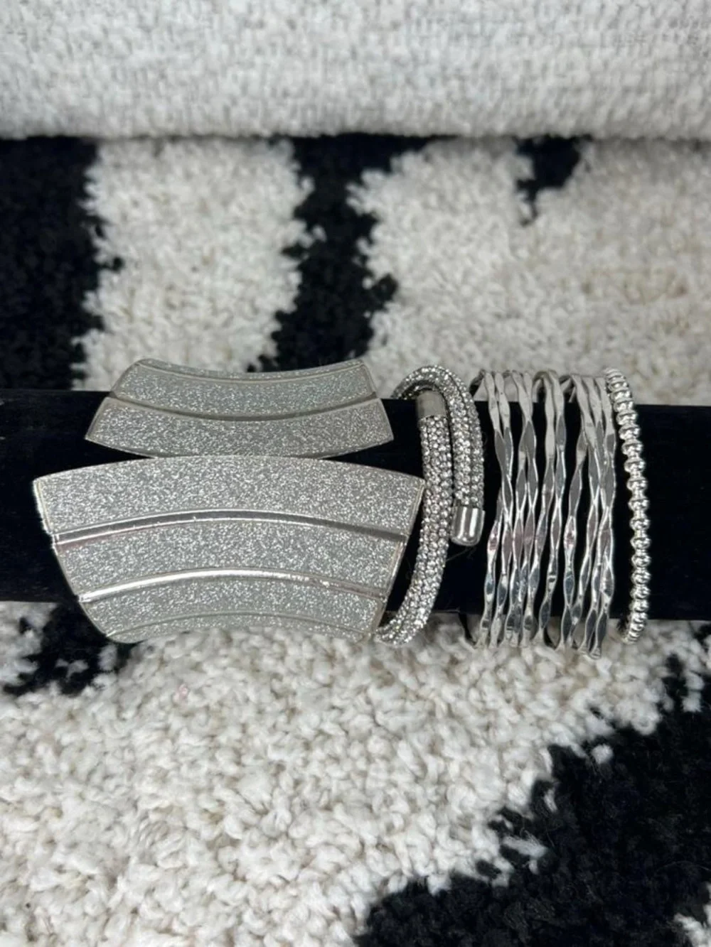 Chunky silver stack glitter rhinestones cuffs and hinged clamper